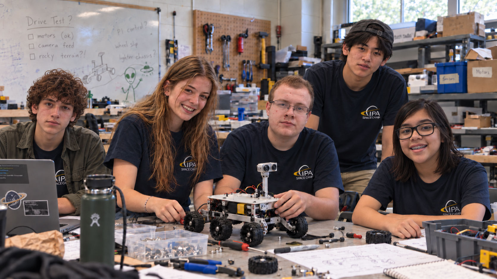 IPA Space Camp students around the rover they built in the workshop